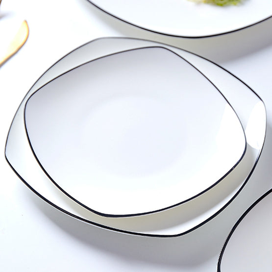 Bone China Flat Plate - Square Shaped with Black Rim