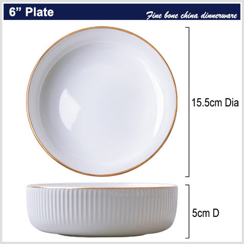 Bone China Dinnerware - Ribbed Plate with Gold Rim