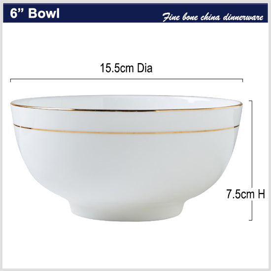 Bone China Round Bowl - White with Gold Rim & Foot