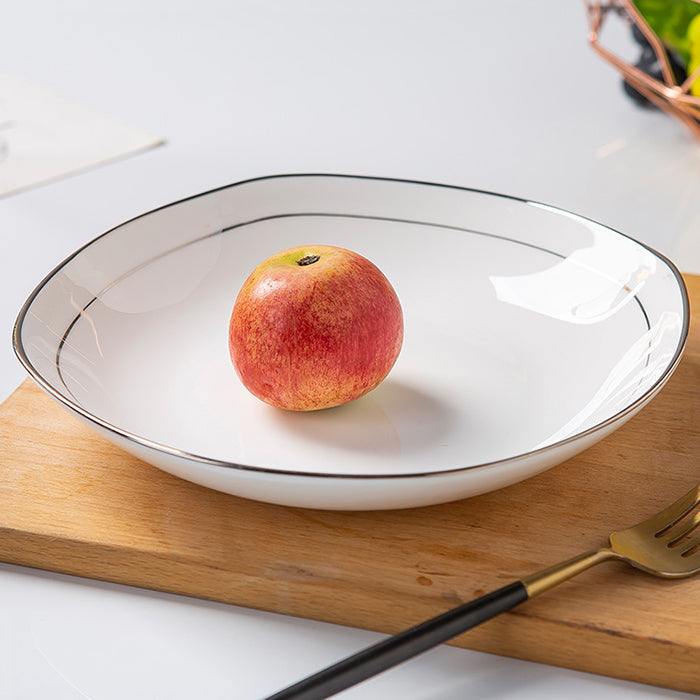 Bone China Plate with Silver Rim - Square with Curved Edge