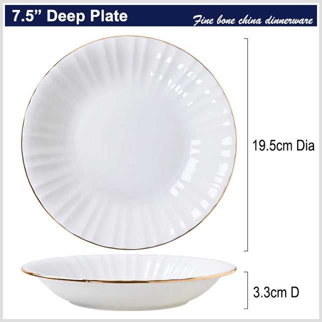 Bone China Round Plate - Ribbed Front Edge & Gold Rim