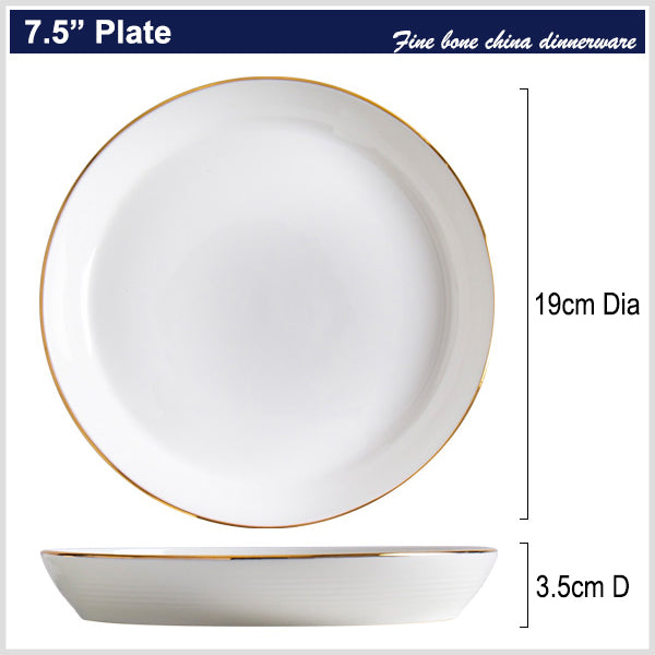 Bone China Round Plate - Horizontal Ridges & Gold Rim