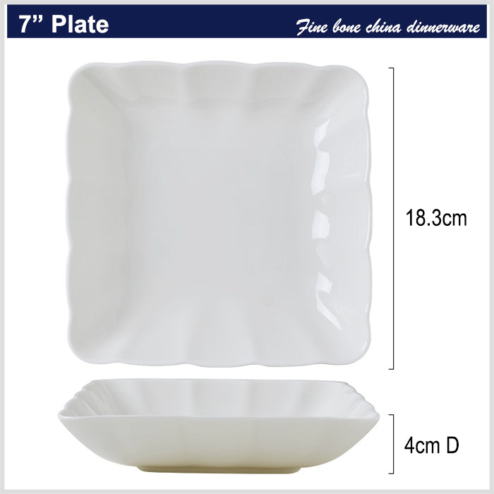 Bone China Square Plate in Creamy White - Scallop or Ribbed Edge