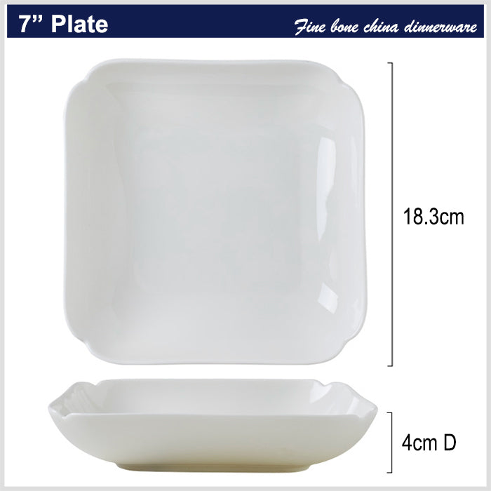 Bone China Square Plate in Creamy White - Scallop or Ribbed Edge