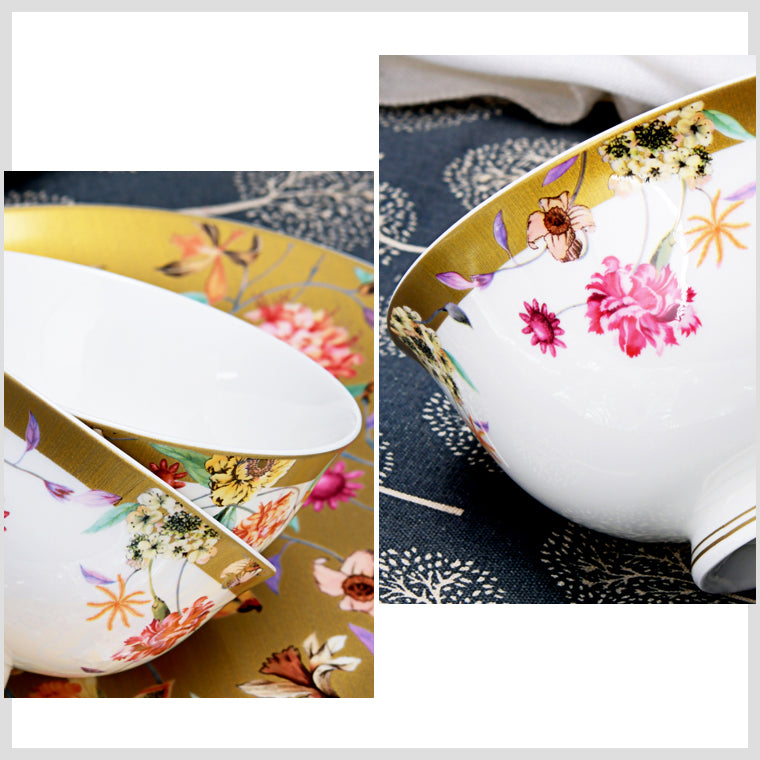 Luxury Bone China Dining Ware Collection - Enameling of Floral Motif in Golden Background