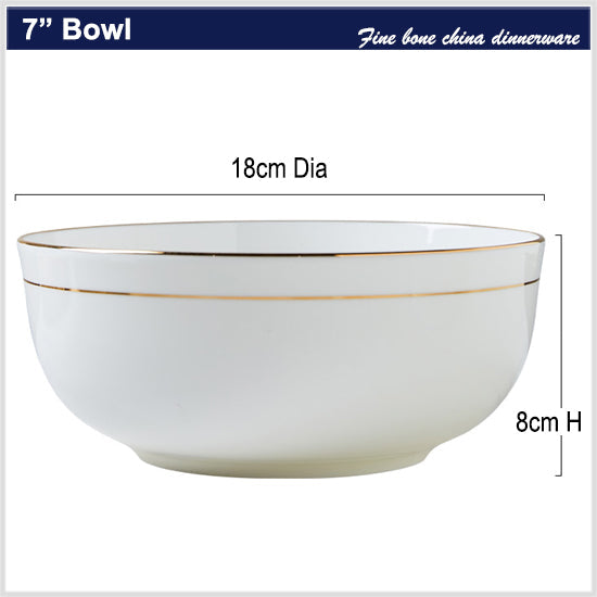 Bone China Round Bowl - White with Gold Rim & Foot