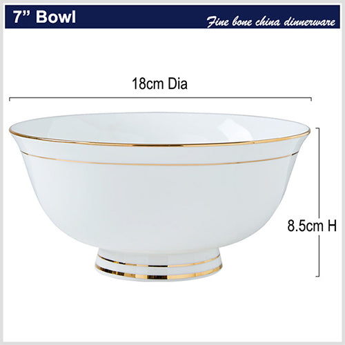 Bone China Round Bowl - White with Gold Rim & Foot