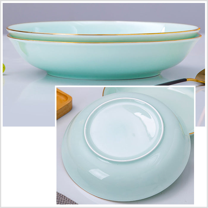 Bone China Celadon Dinnerware - Soup Plate with Gold Rim