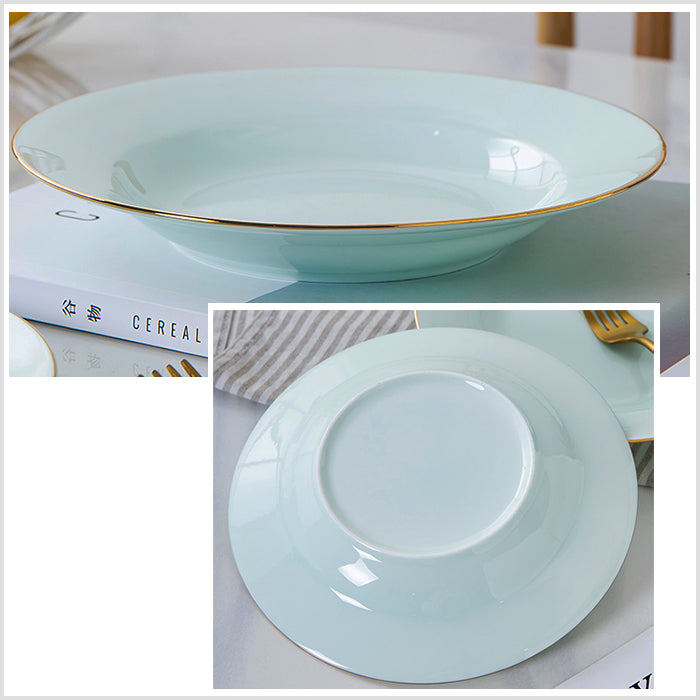 Bone China Celadon Dinnerware - Round Plate with Gold Rim