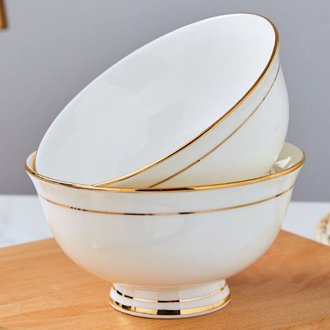 Bone China Round Bowl - White with Gold Rim & Foot