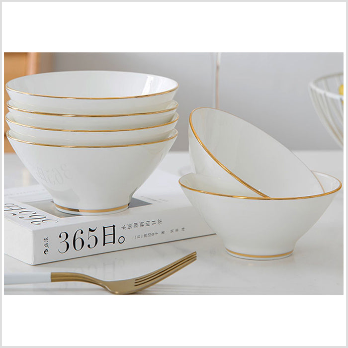 Bone China Wide Mouth Bowl - White with Gold Rim & Foot