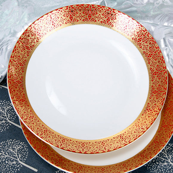 Luxury Bone China Dining Ware Collection - Embossed Gold & Enameling in Red