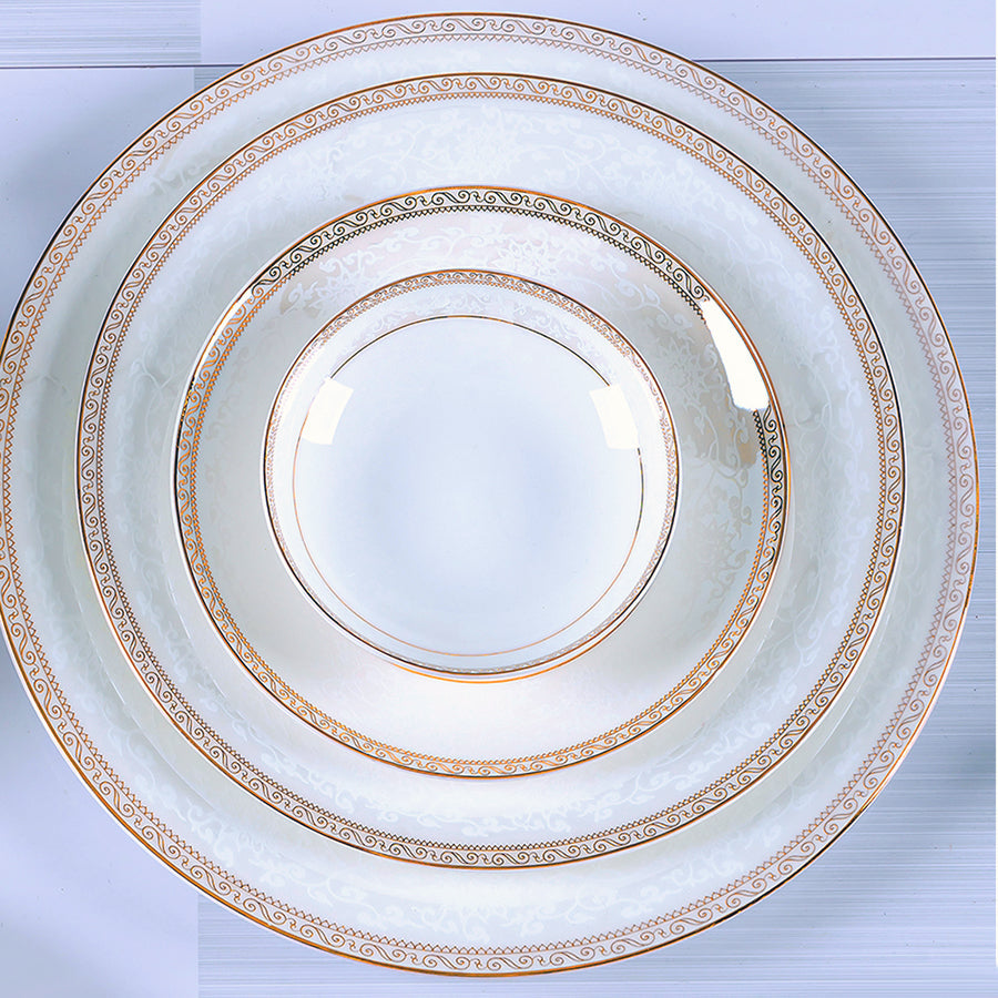 Bone China Dinnerware Set - Decorative Rim in Gold & Brown with Pale Pattern