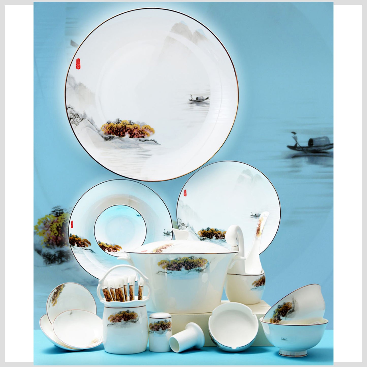 Luxury Bone China Dining Ware Collection - Embossed Gold & Enameling of Landscape Motif