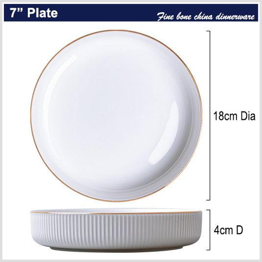 Bone China Dinnerware - Ribbed Plate with Gold Rim