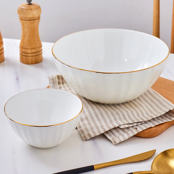 Bone China Ribbed Bowl - White with Gold Rim