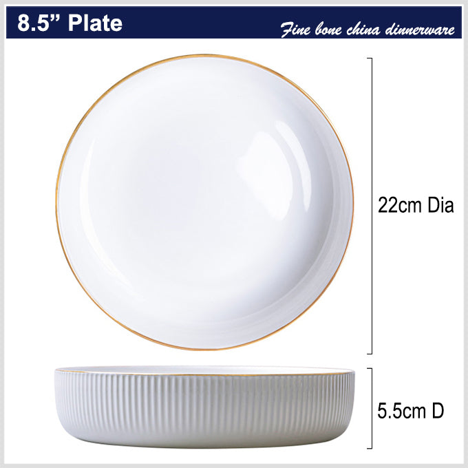 Bone China Dinnerware - Ribbed Plate with Gold Rim