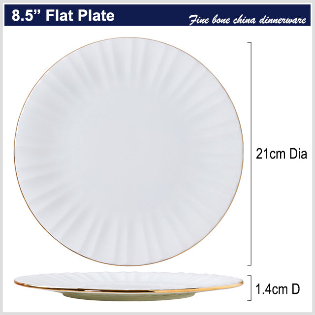 Bone China Round Plate - Ribbed Front Edge & Gold Rim