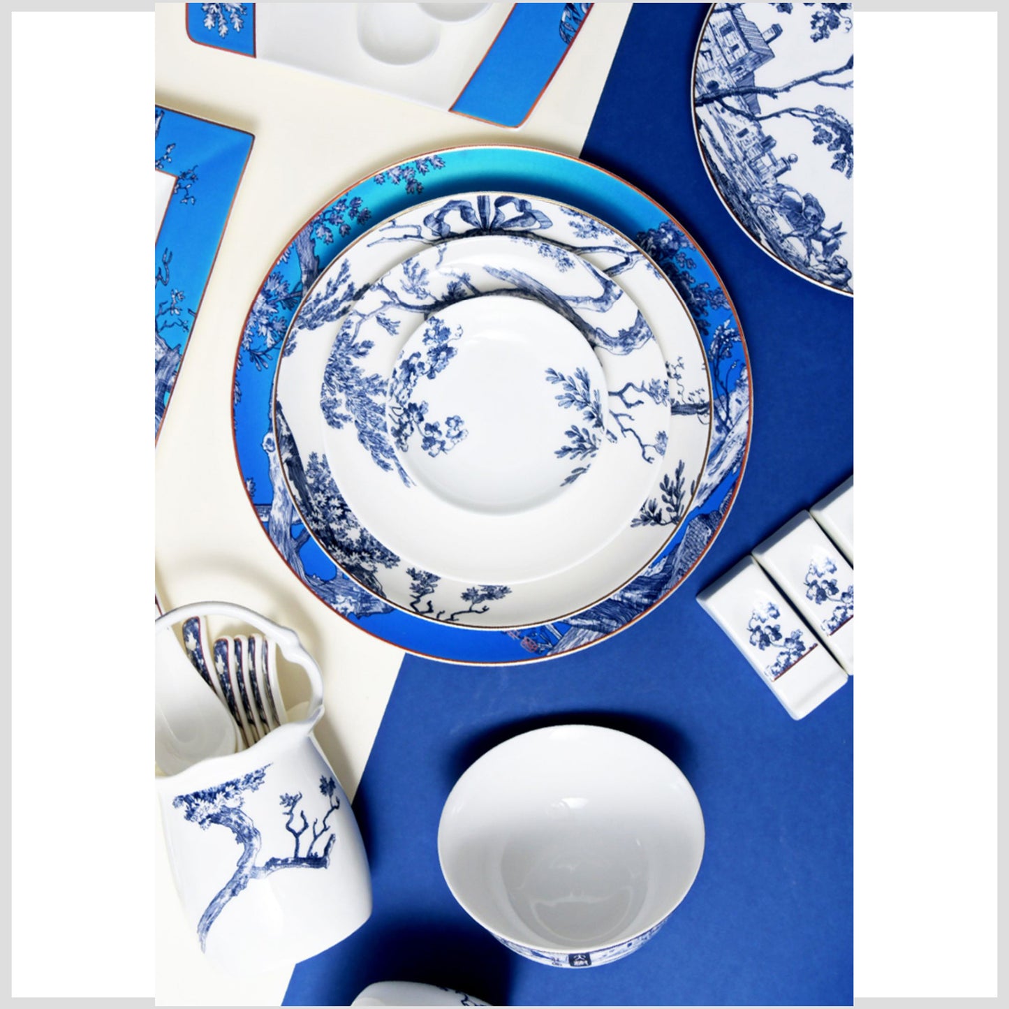 Luxury Bone China Dining Ware Collection - Enameling of Landscape Design in Gradient Blue