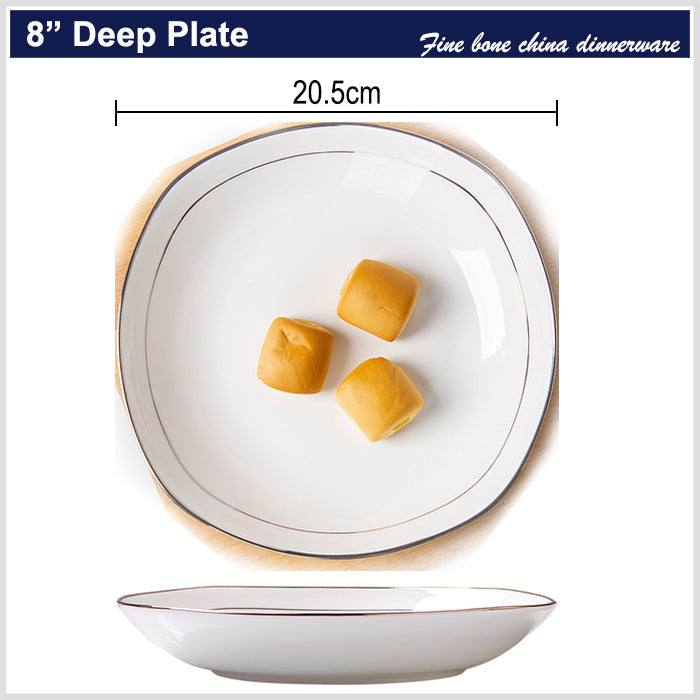 Bone China Plate with Silver Rim - Square with Curved Edge