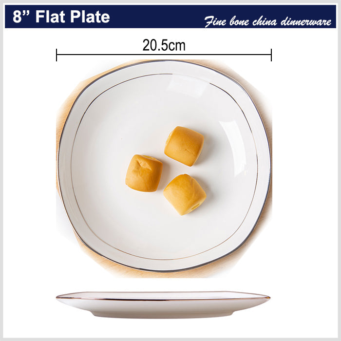 Bone China Plate with Silver Rim - Square with Curved Edge