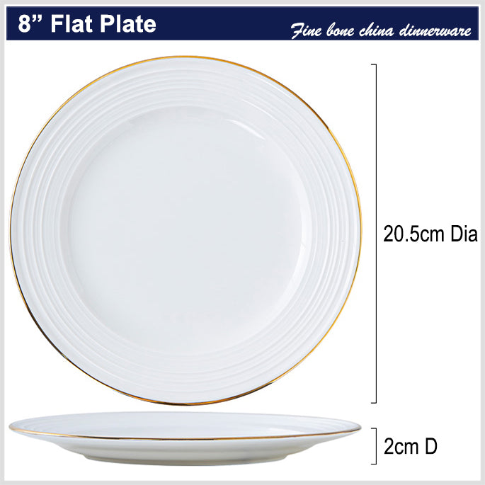 Bone China Round Plate - Front Ridges & Gold Rim