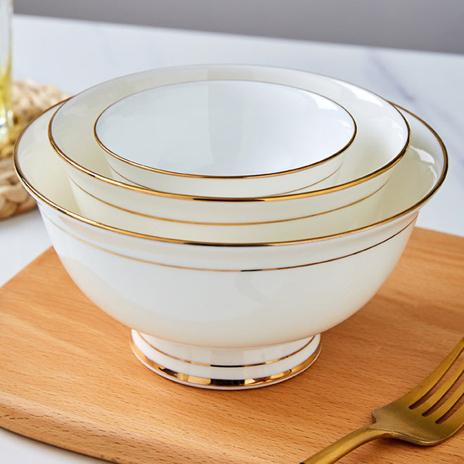 Bone China Round Bowl - White with Gold Rim & Foot