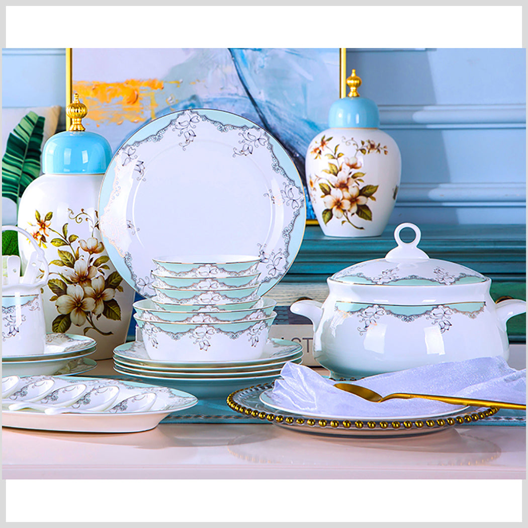Bone China Dinnerware Set - Decorative Pattern in Pale Blue