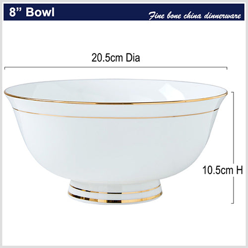 Bone China Round Bowl - White with Gold Rim & Foot