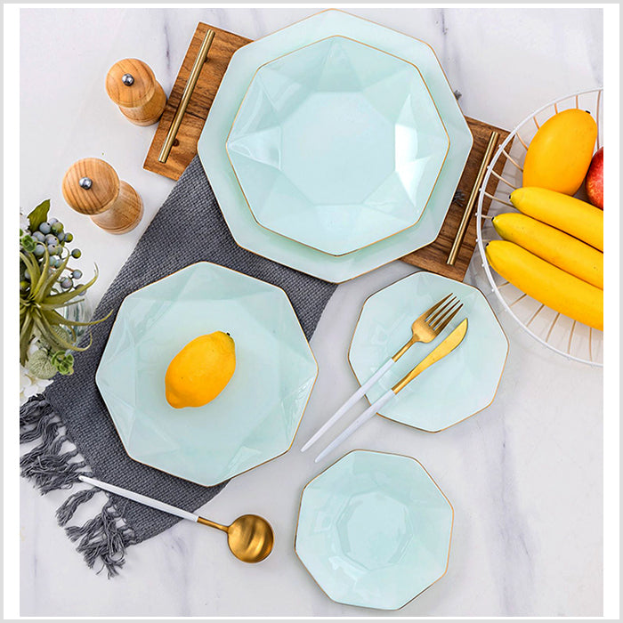 Bone China Celadon Dinnerware - Octagon Plate with Gold Rim