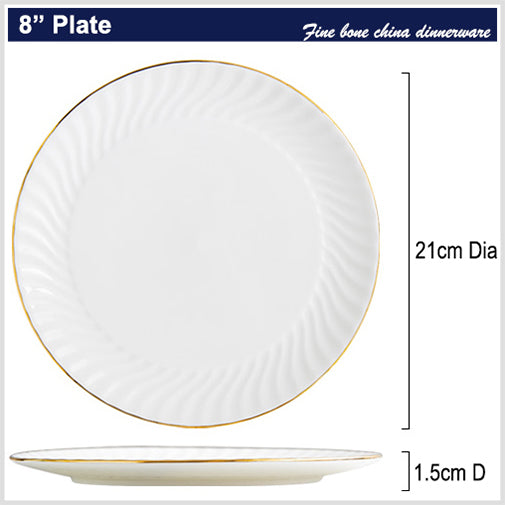 Bone China Dinner Plate - Ribbed Front Edge & Gold Rim