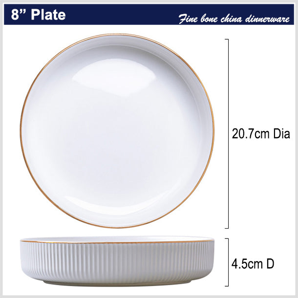 Bone China Dinnerware - Ribbed Plate with Gold Rim