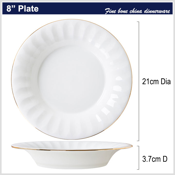 Bone China Deep Plate - Ribbed Front Edge & Gold Rim