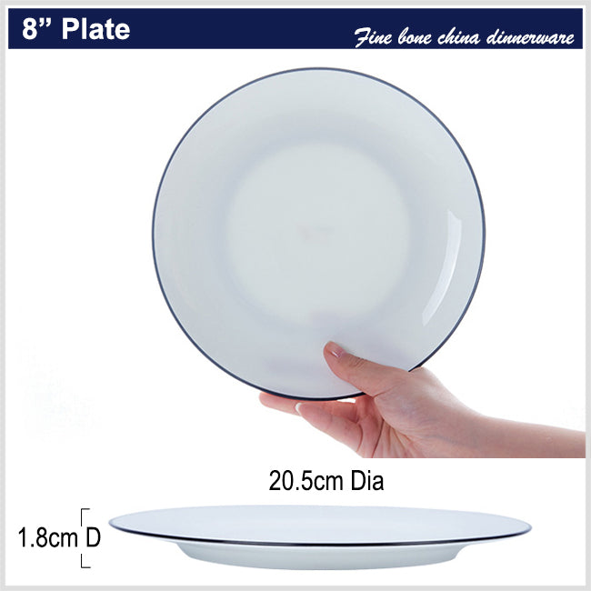 Bone China Flat Plate - White with Black Rim