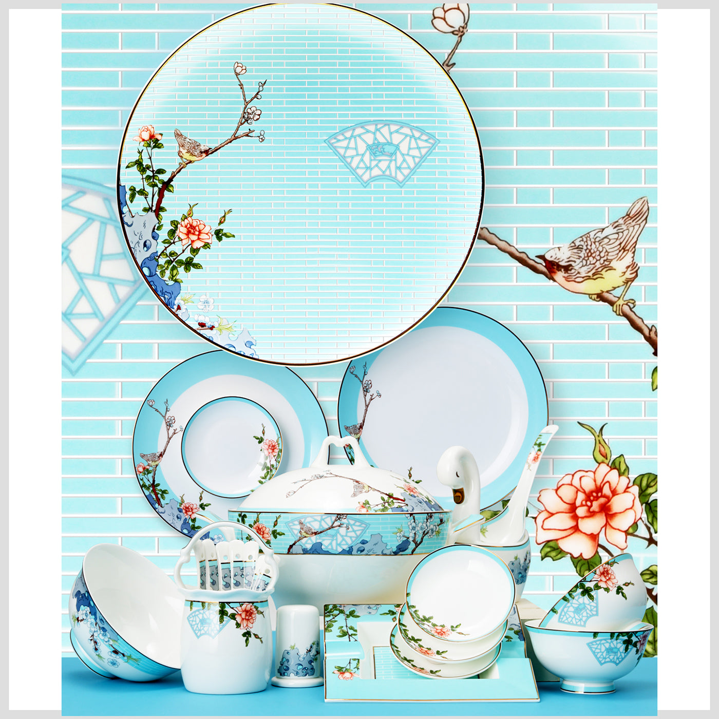 Luxury Bone China Dining Ware Collection - Embossed Gold on Enameling of Floral Motif with Blue Background