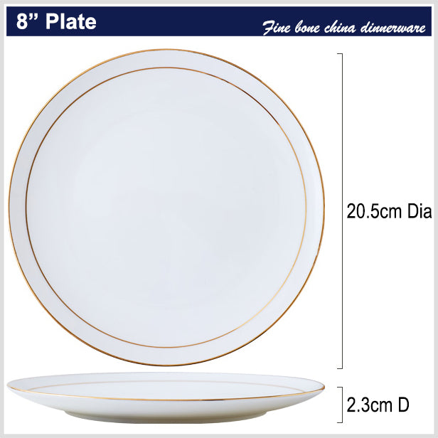 Bone China Dinnerware - Flat Plate with Gold Rim