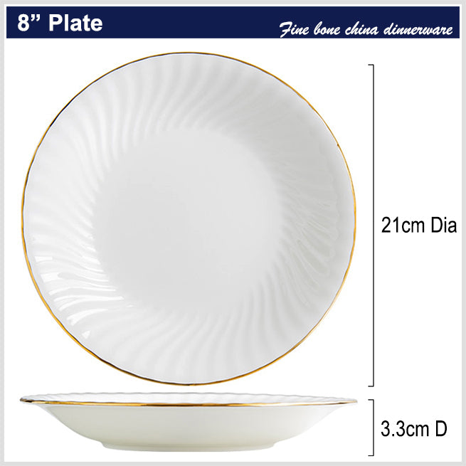 Bone China Round Plate - Ribbed Front Edge & Gold Rim