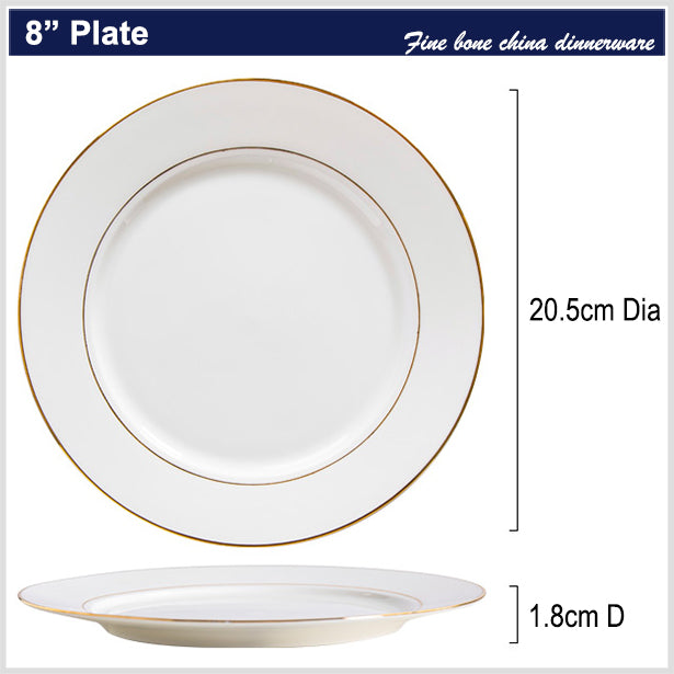 Bone China Flat Plate - White with Gold Rim