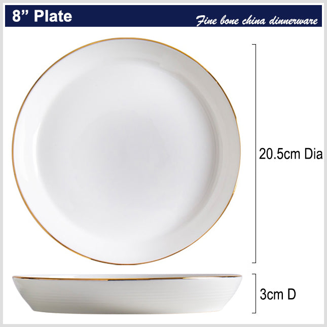 Bone China Round Plate - Horizontal Ridges & Gold Rim