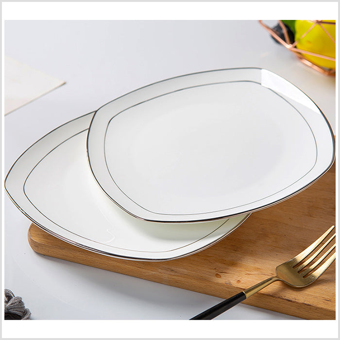 Bone China Plate with Silver Rim - Square with Curved Edge