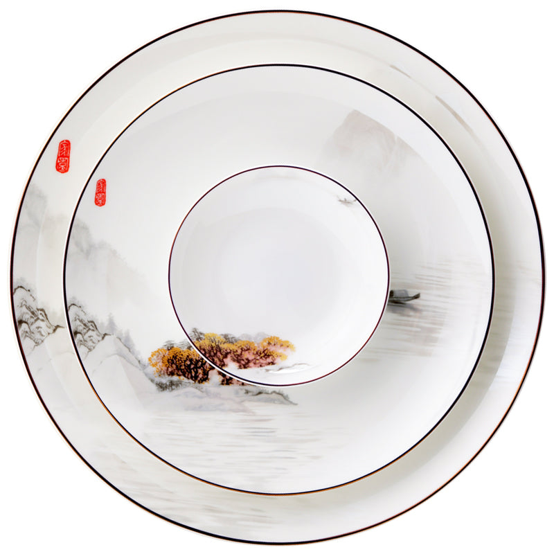 Luxury Bone China Dining Ware Collection - Embossed Gold & Enameling of Landscape Motif