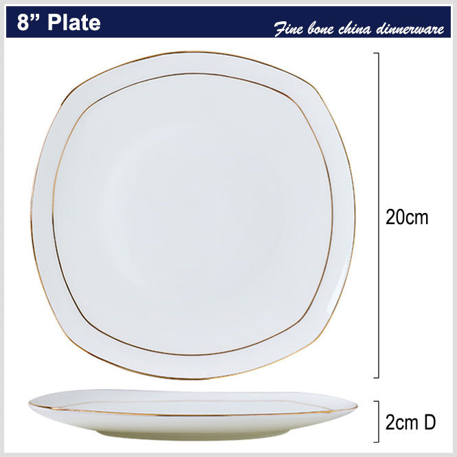 Bone China Flat Plate - Square with Curved Edge