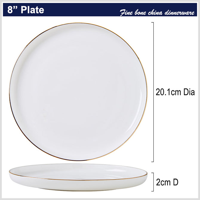 Bone China Dinnerware - Round Plate with Gold Rim