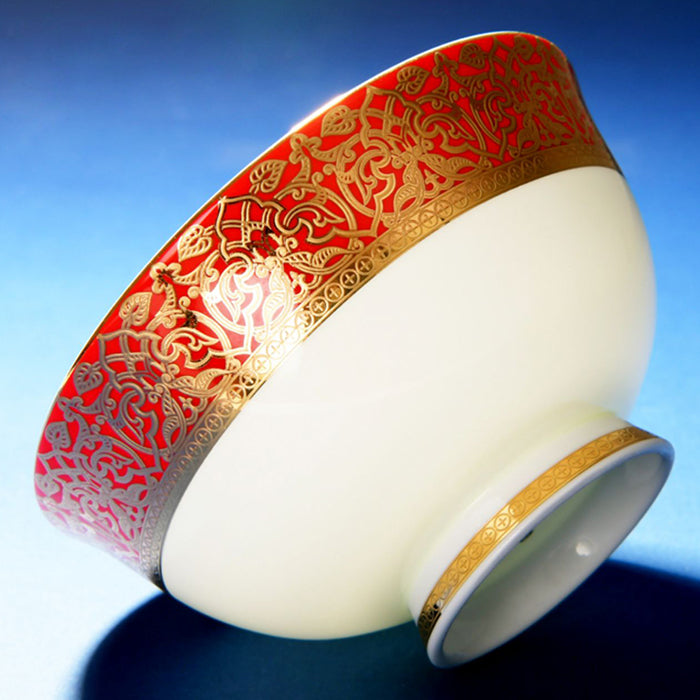 Luxury Bone China Dining Ware Collection - Embossed Gold & Enameling in Red