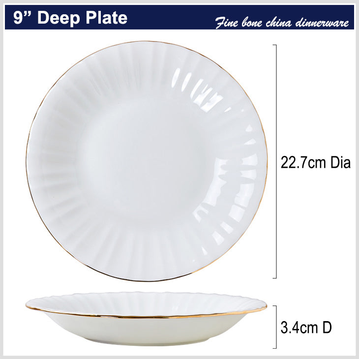 Bone China Round Plate - Ribbed Front Edge & Gold Rim