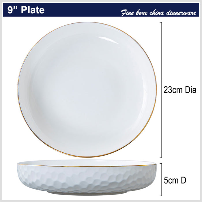 Bone China Round Plate - Golf Shaped Surface & Gold Rim