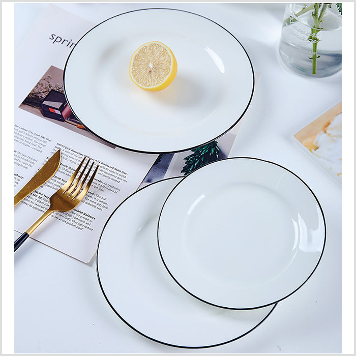 Bone China Flat Plate - White with Black Rim