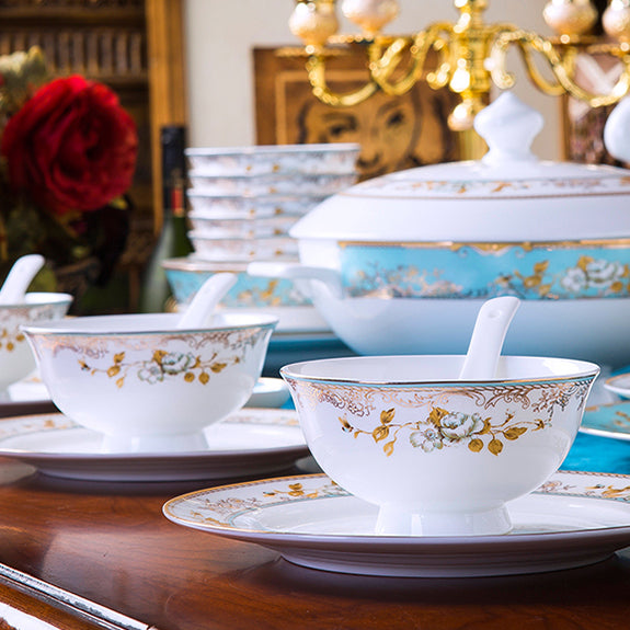 Bone China Dinnerware Set Floral Motif in Turquoise – HomesNovelty