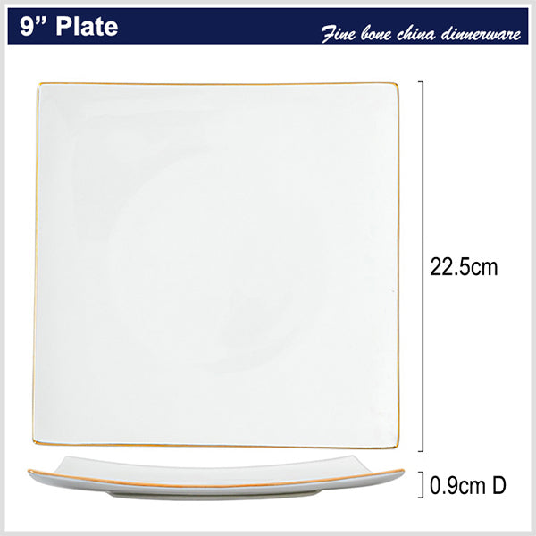 Bone China Dinnerware - Square Plate with Gold Rim