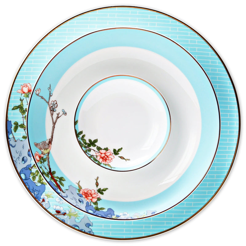 Luxury Bone China Dining Ware Collection - Embossed Gold on Enameling of Floral Motif with Blue Background